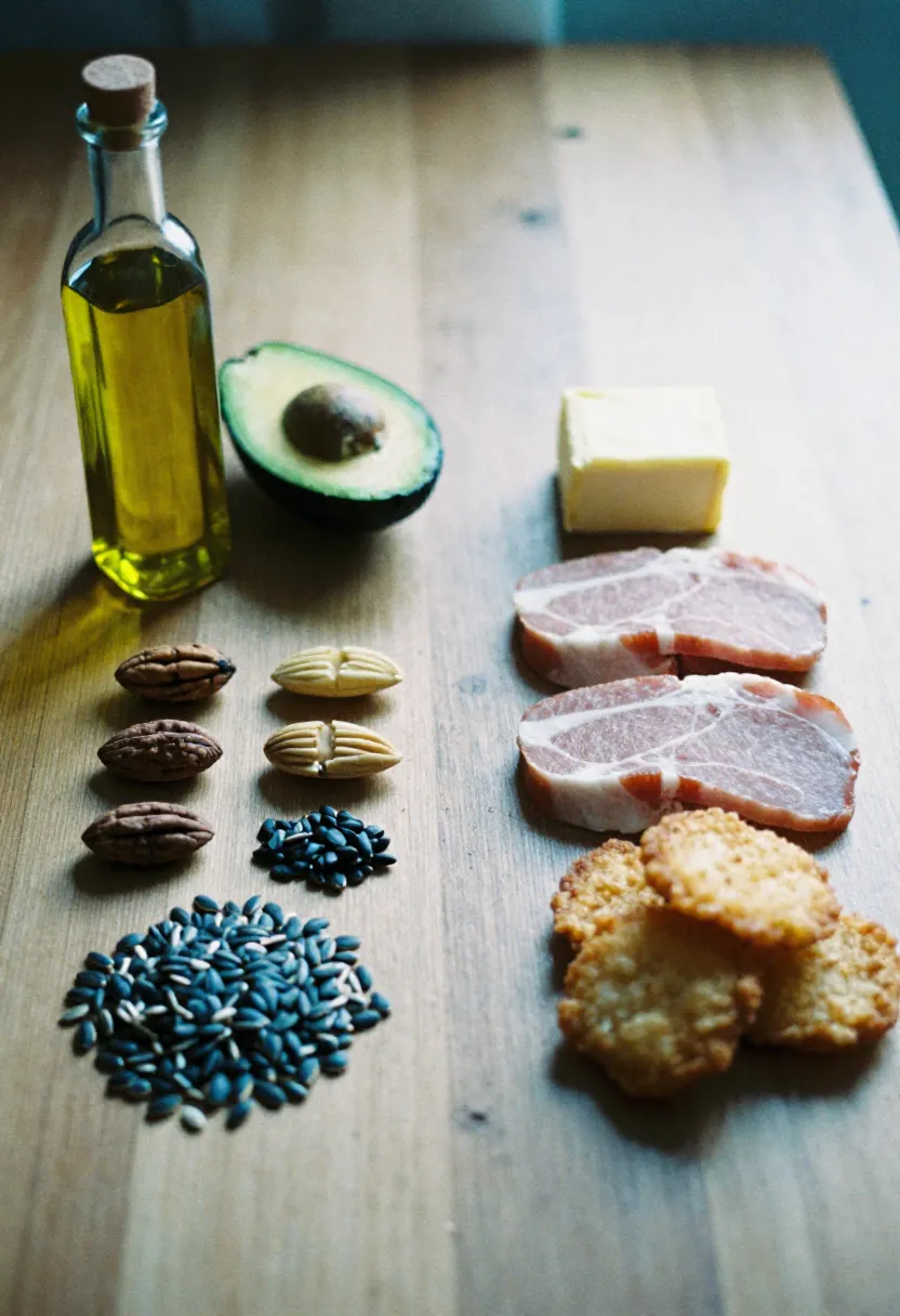 Healthy fats like olive oil, avocado, and nuts arranged beside less healthy fats such as butter and fried food, symbolizing better oil and fat choices for cholesterol.