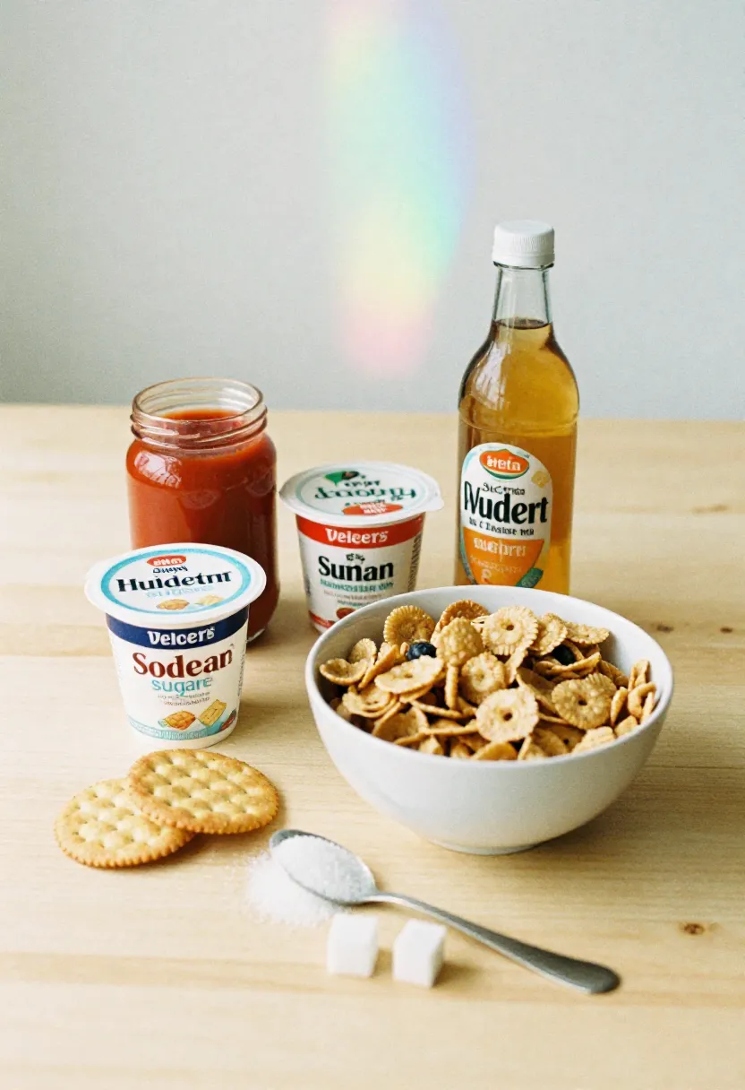 Tomato sauce, flavored yogurt, cereal, crackers, and sweet drinks displayed with sugar cubes to represent hidden sugars in foods older adults commonly eat.