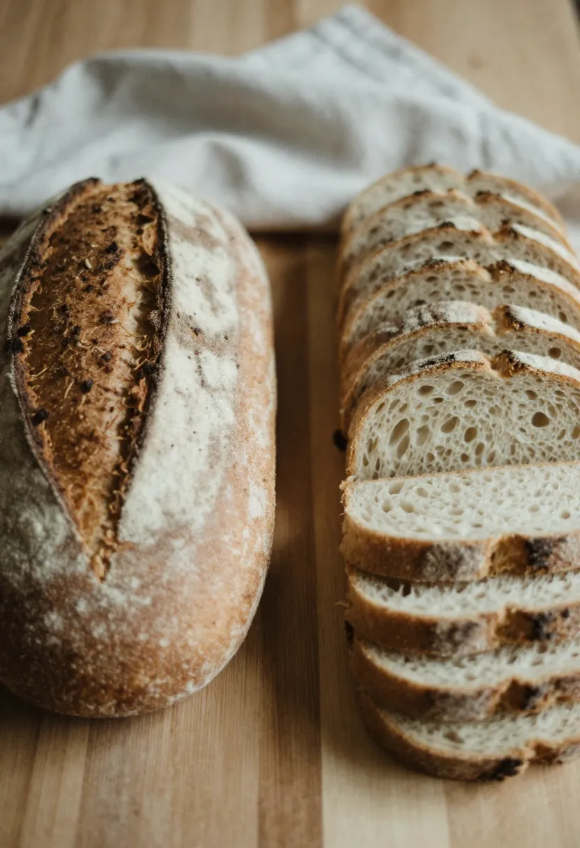 Homemade rustic loaf beside neatly sliced store-bought bread, showing contrasting textures.