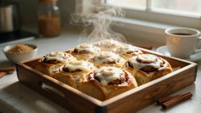 Freshly baked cinnamon rolls with melting frosting on a rustic tray in a cozy kitchen.