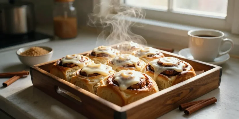 Freshly baked cinnamon rolls with melting frosting on a rustic tray in a cozy kitchen.