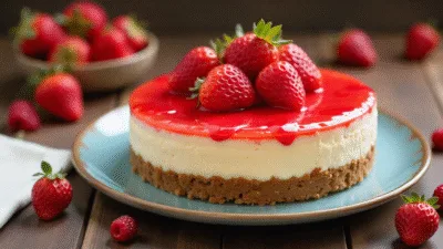 Homemade strawberry cheesecake with fresh berries and glossy glaze on a wooden table.