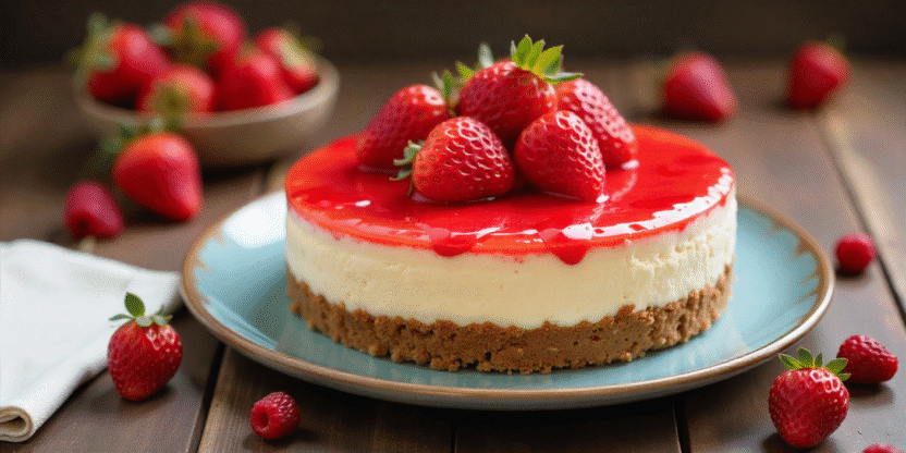 Homemade strawberry cheesecake with fresh berries and glossy glaze on a wooden table.
