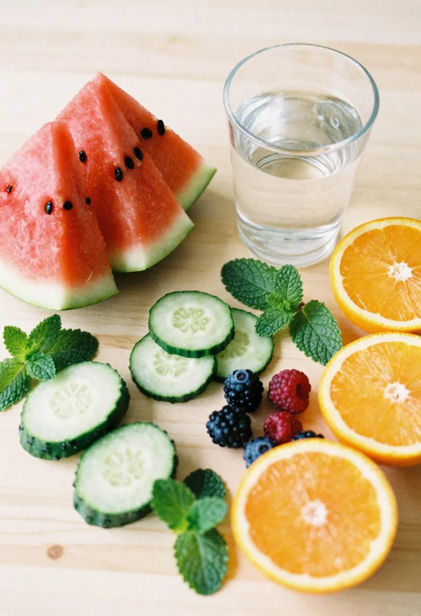 A bright flat lay of hydrating foods like watermelon, cucumber, citrus, berries, and mint arranged around a glass of water in soft natural light.
