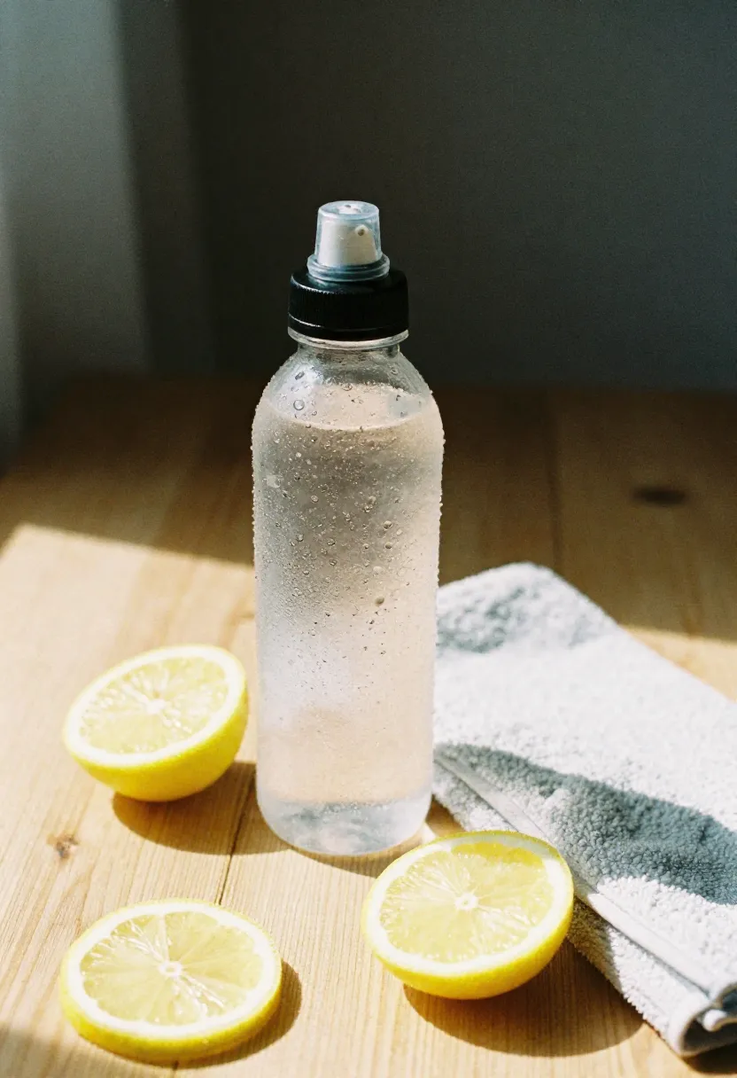 A sports water bottle with condensation, lemon slices, and a towel on a wooden surface in soft natural light, representing hydration for exercise performance.