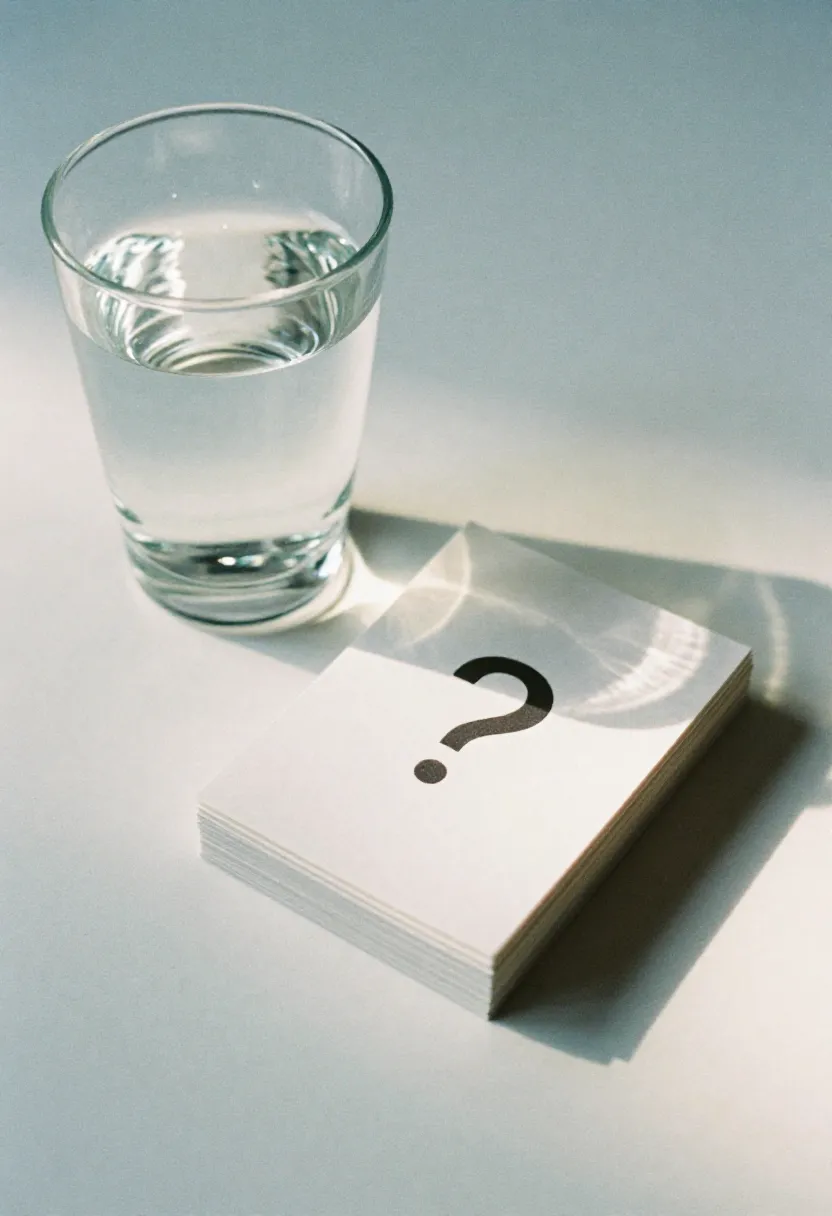 A glass of water beside a small stack of white cards in soft natural light, symbolizing hydration questions and answers.