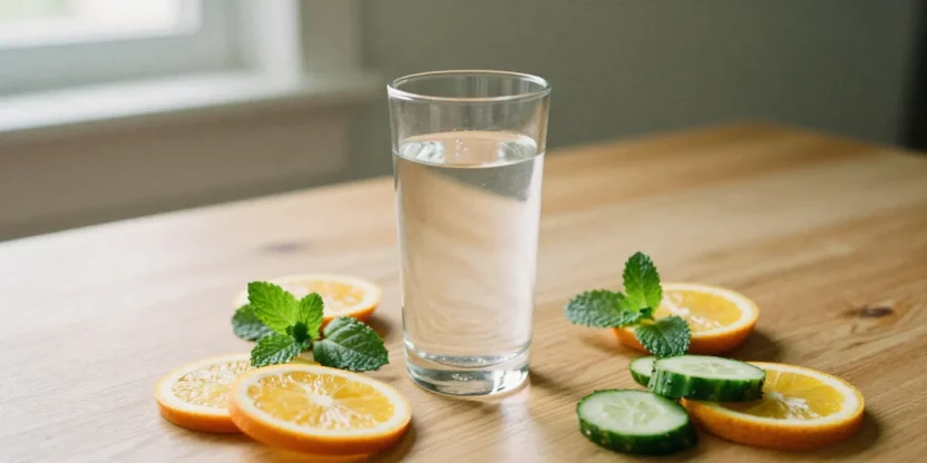 A glass of water with citrus, cucumber, and mint in soft natural light, styled on a wooden table with a calm wellness aesthetic.