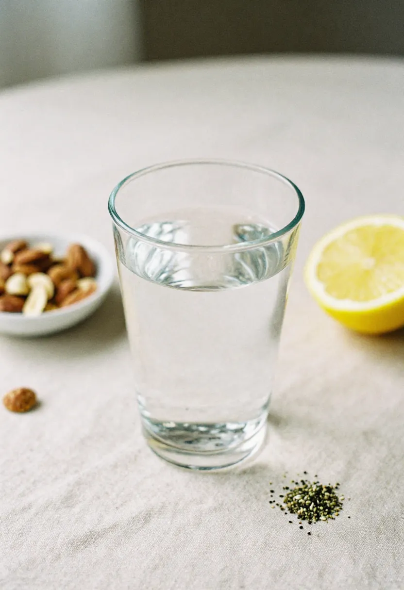 A clear glass of water with small nutrient-rich elements like nuts and lemon in soft natural light, symbolizing hydration and hidden nutrition essentials.