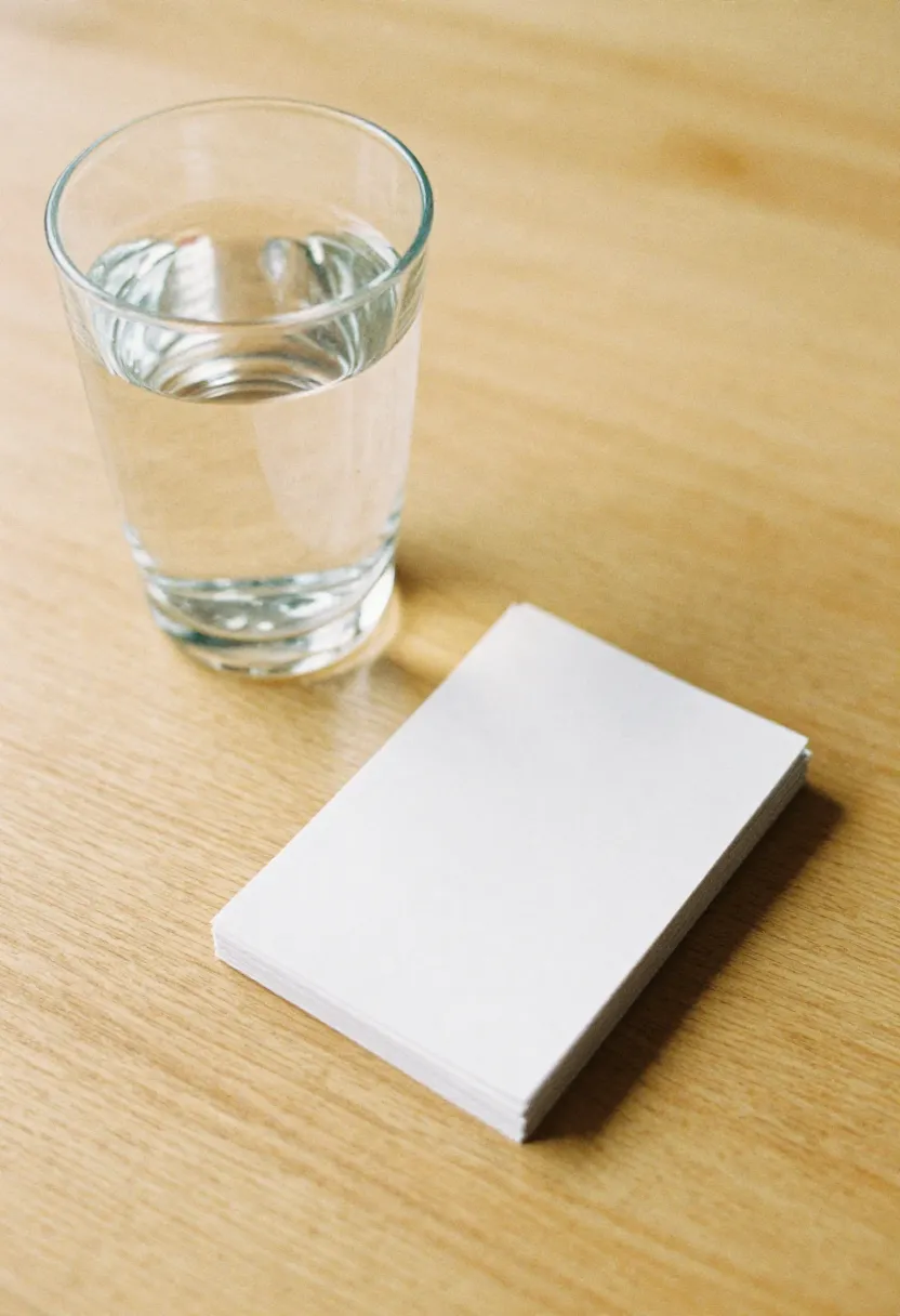A clear glass of water next to a stack of white cards in soft natural light, symbolizing frequently asked hydration questions for older adults.