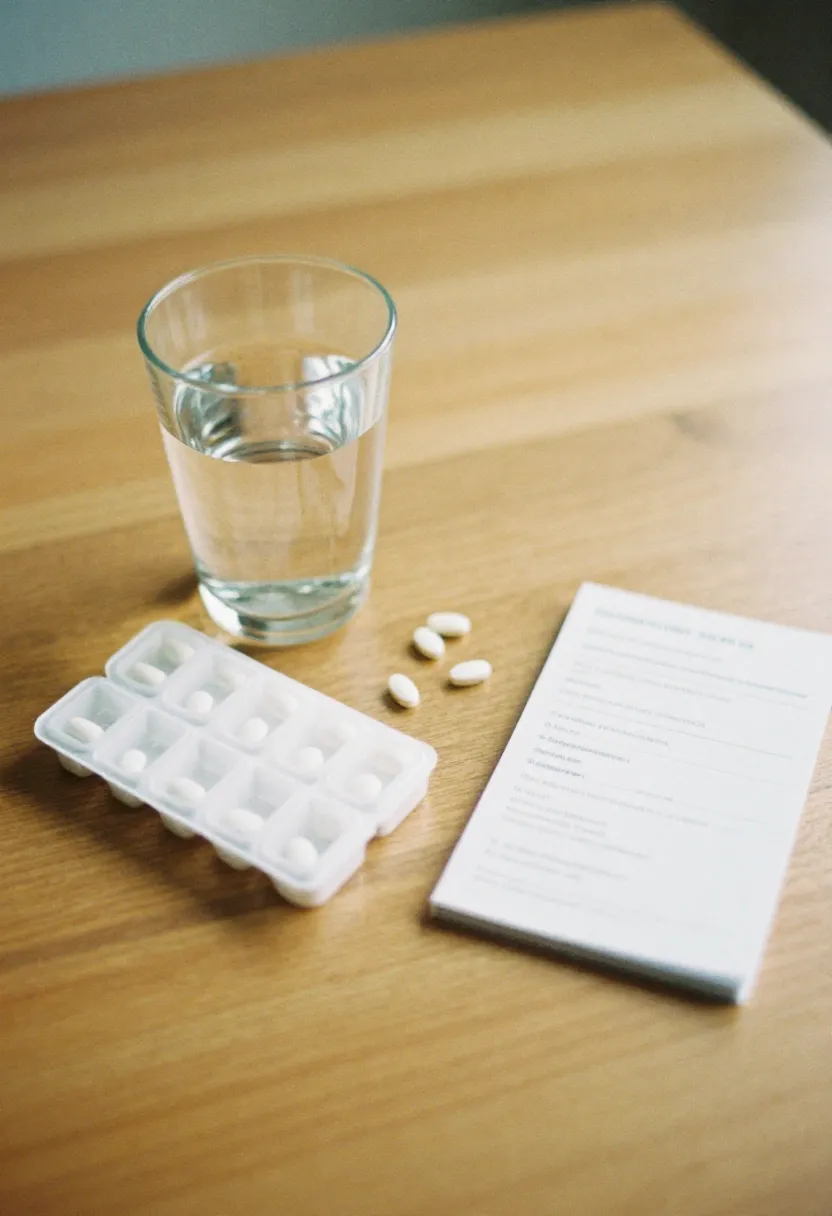 A glass of water beside a pill organizer and medical notepad in soft natural light, symbolizing when seniors need hydration guidance from professionals.