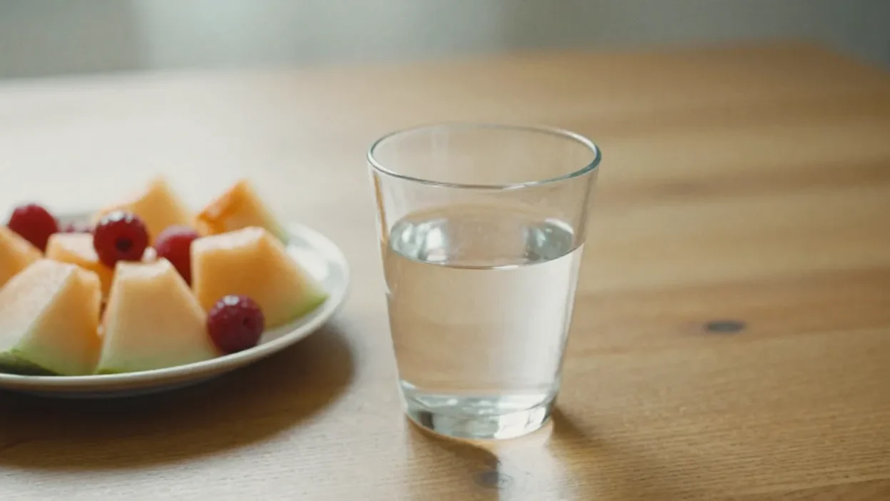 A glass of water, an easy-to-hold cup, and fresh fruit on a wooden surface in soft natural light, symbolizing gentle hydration for older adults.