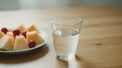A glass of water, an easy-to-hold cup, and fresh fruit on a wooden surface in soft natural light, symbolizing gentle hydration for older adults.