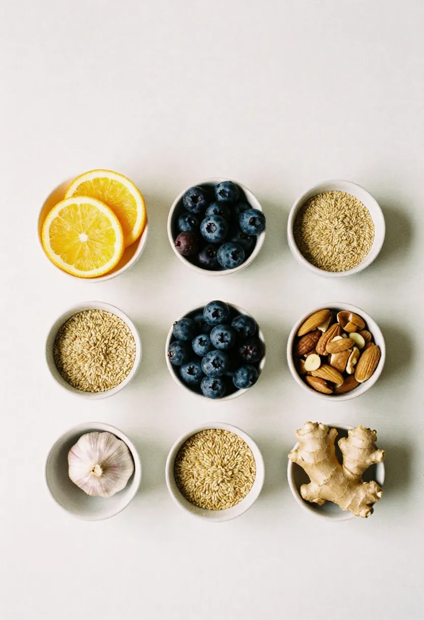 Assorted immune-supporting foods in small bowls arranged neatly in soft natural light, representing answers to common questions.