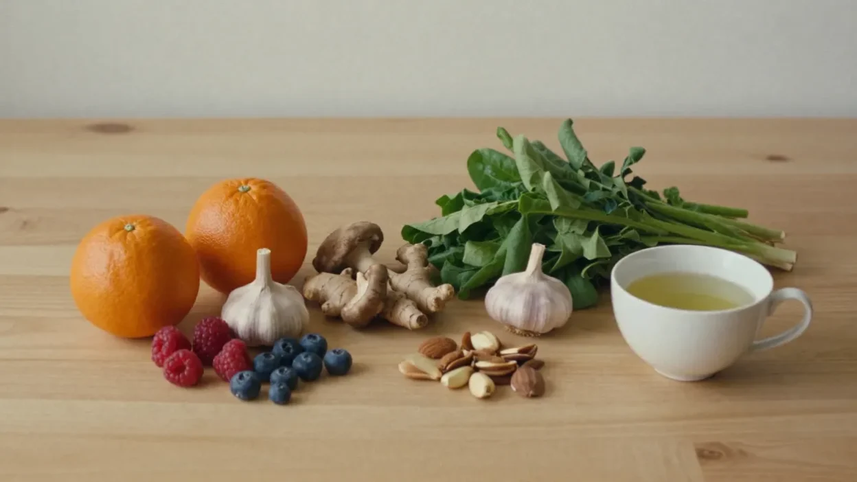 Assortment of immune-supporting foods including citrus, berries, greens, garlic, and tea in soft natural light.