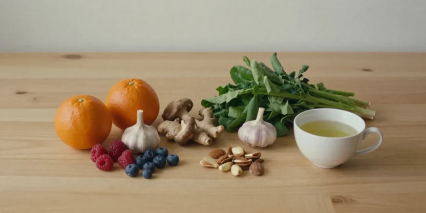 Assortment of immune-supporting foods including citrus, berries, greens, garlic, and tea in soft natural light.