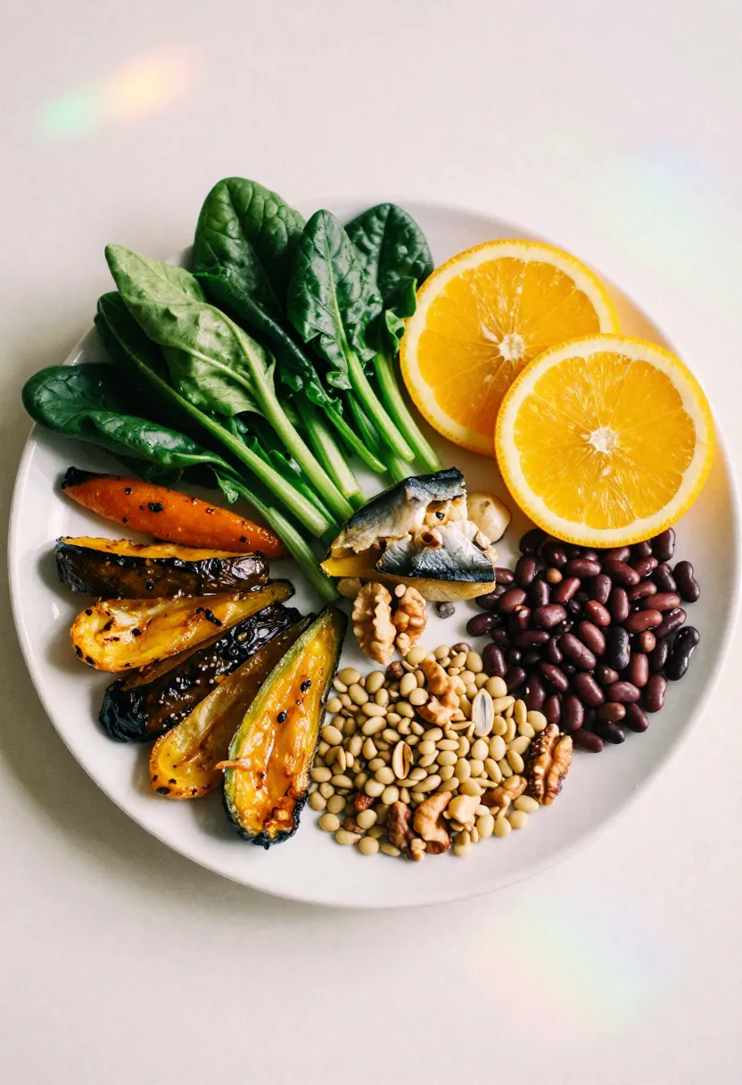 A colorful balanced plate with greens, legumes, citrus, seeds, and vegetables in soft natural light, showing how to build an immune-supportive meal.