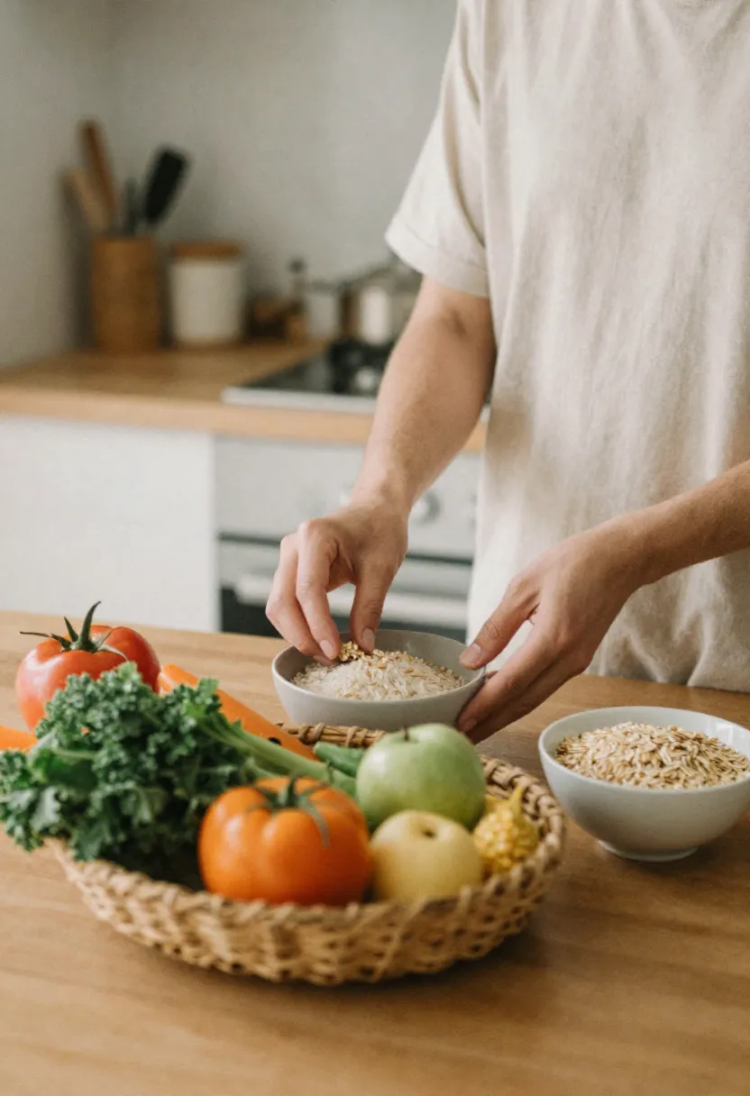 A person choosing fresh naturally gluten-free foods in a warm, modern kitchen, symbolizing the growing interest in gluten-free living.