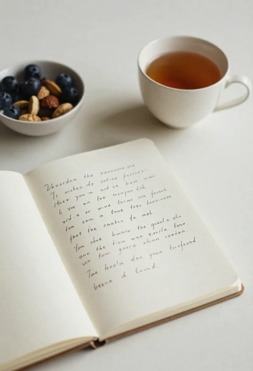 Notebook, tea, and a small bowl of nourishing foods in soft natural light, representing the reflective principles of intuitive eating.
