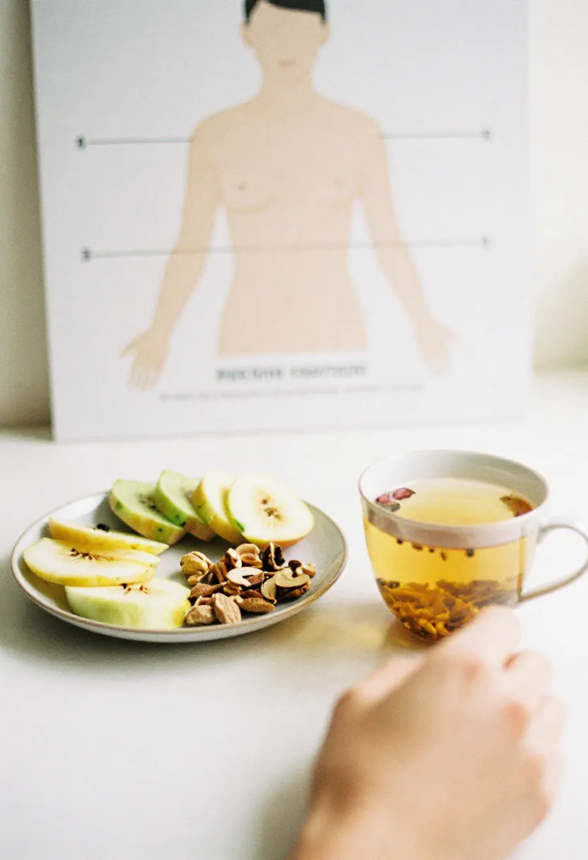 Small plate of nourishing foods and a warm cup of tea in soft natural light, representing gentle first steps in intuitive eating.