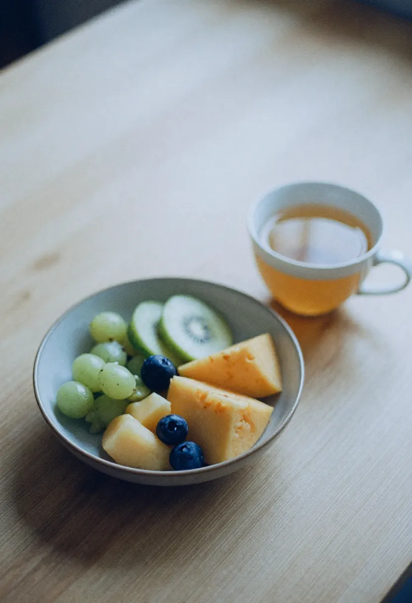 A calming scene with tea and a small bowl of fruit in soft natural light, symbolizing a gentle, trusting food journey.