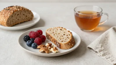 Minimal plate with nourishing foods and a warm cup of tea in soft natural light, representing intuitive eating.