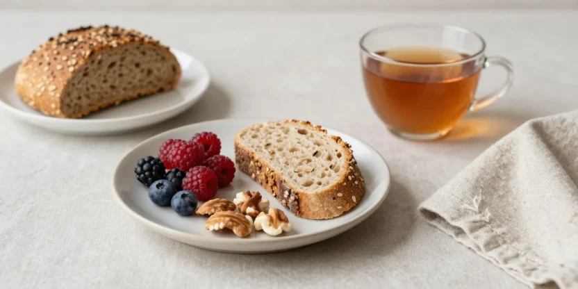 Minimal plate with nourishing foods and a warm cup of tea in soft natural light, representing intuitive eating.