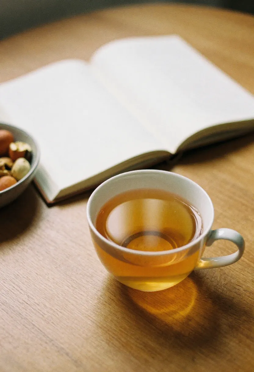 A warm cup of tea and an open journal with a small bowl of fruit in soft natural light, representing mindful moments and real-life intuitive eating stories.