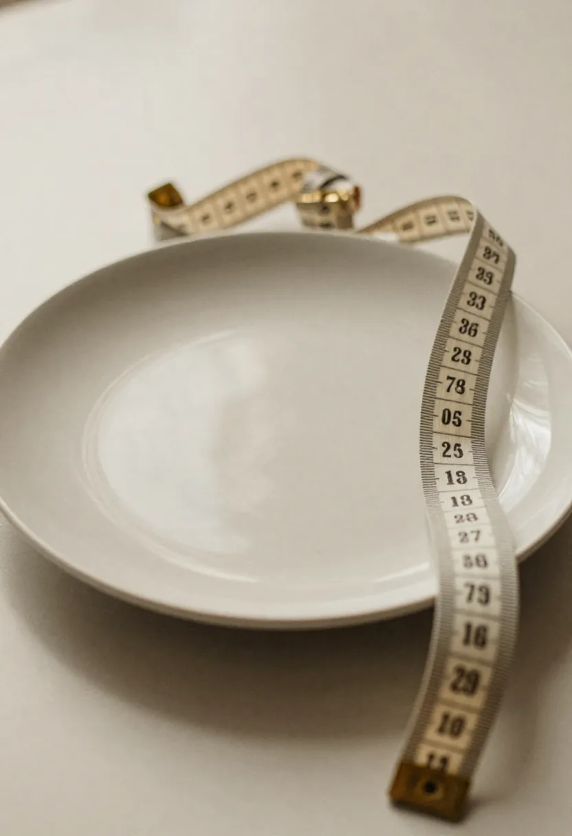 Minimal plate with a measuring tape set aside in soft natural light, symbolizing misconceptions about intuitive eating.