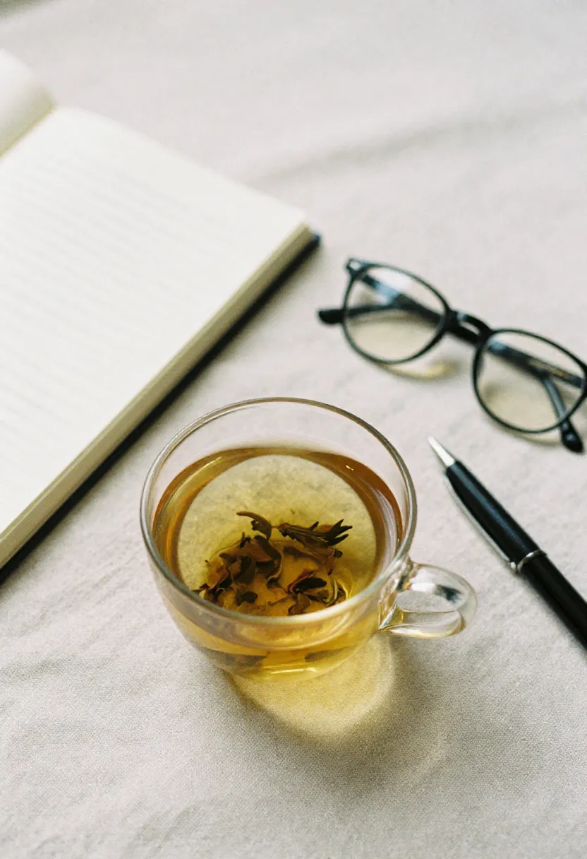 Closed notebook with tea and glasses in soft natural light, symbolizing times when intuitive eating needs extra support.