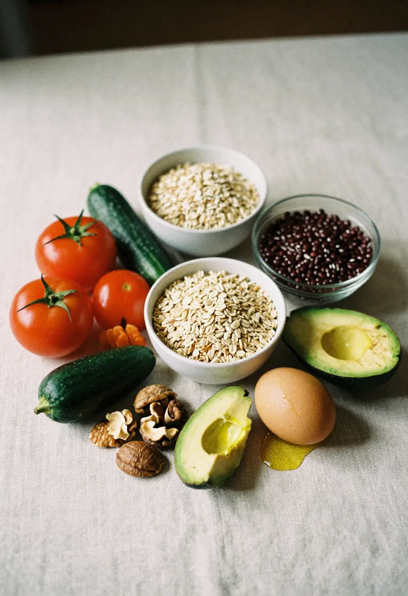 A selection of nutrient-rich whole foods — vegetables, wholegrains, protein, nuts, and healthy fats — arranged in soft natural light to represent essential nutrients.