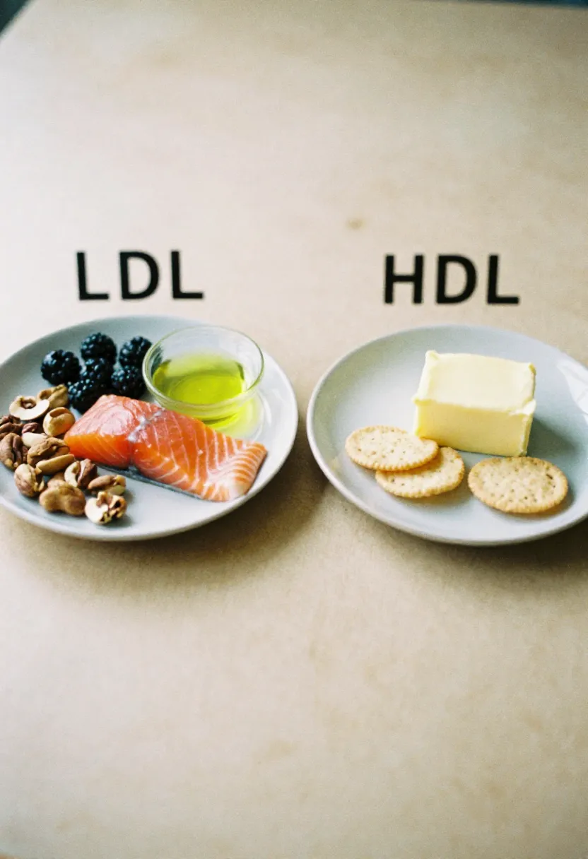 Two contrasting bowls of foods — one with heart-healthy ingredients and one with less healthy choices — symbolizing the difference between good (HDL) and bad (LDL) cholesterol.
