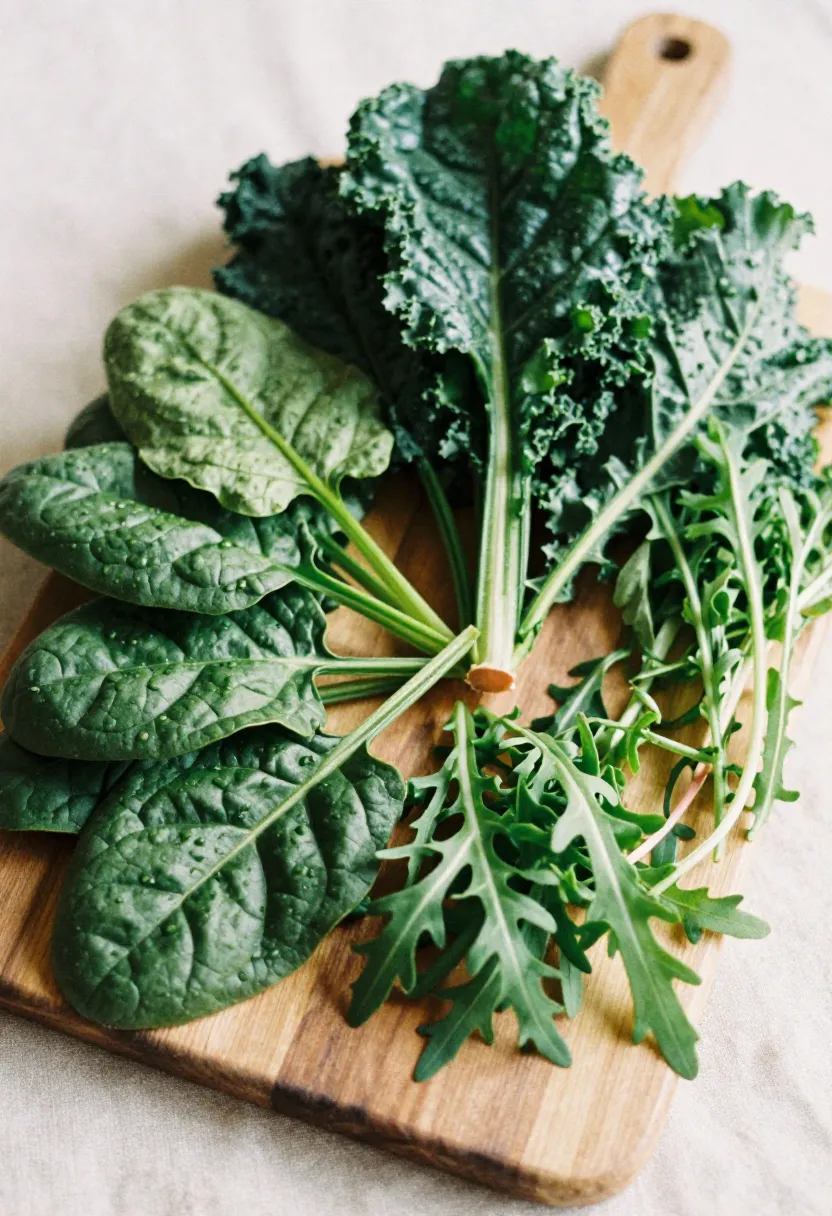 Assorted leafy greens displayed in soft natural light, highlighting their everyday vitamin benefits.