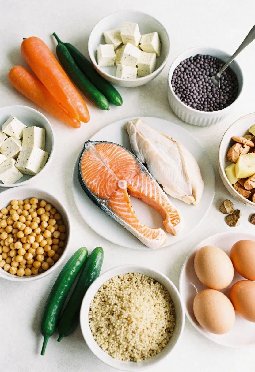 Flat-lay of lean proteins like fish, chicken, tofu, legumes, and quinoa arranged with vegetables to represent balanced meals.