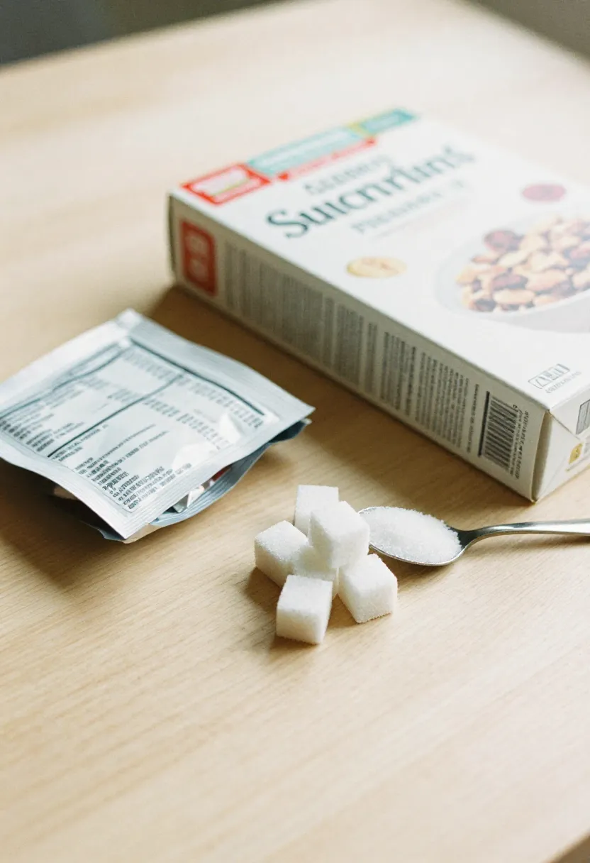Packaged foods with sugar cubes and a visible ingredient label in soft natural light, symbolizing learning the many names sugar appears under on food labels.
