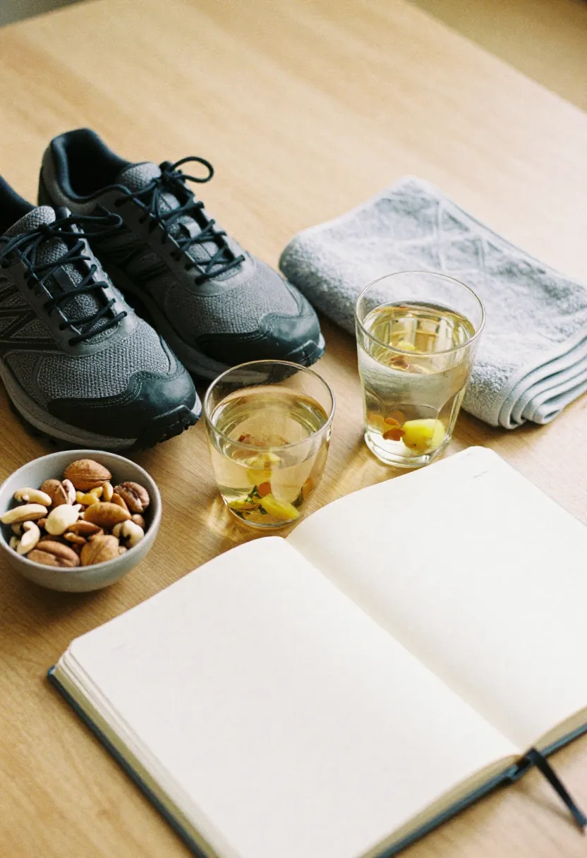 Walking shoes, water, healthy snacks, and a journal arranged together to symbolize lifestyle habits that support better blood pressure control.