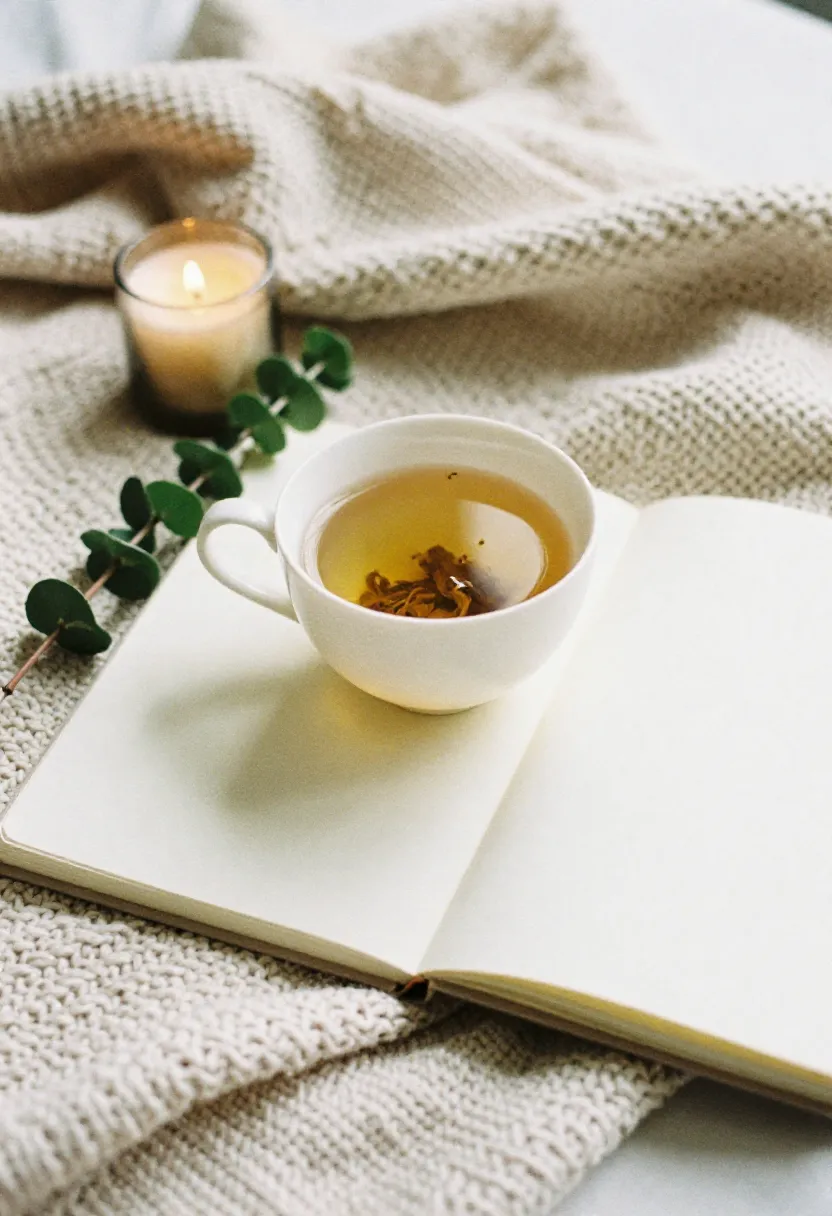 Cozy wellness scene with tea, journal, and soft natural light, symbolizing lifestyle habits that support immunity.
