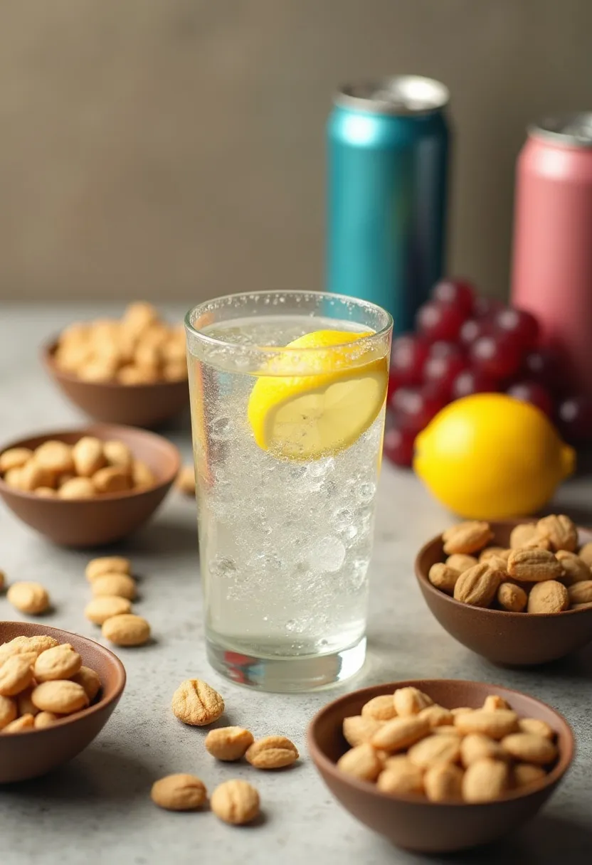 Flat-lay of water and healthy snacks contrasted with sugary drinks and processed snacks, symbolizing reducing high-sugar choices.