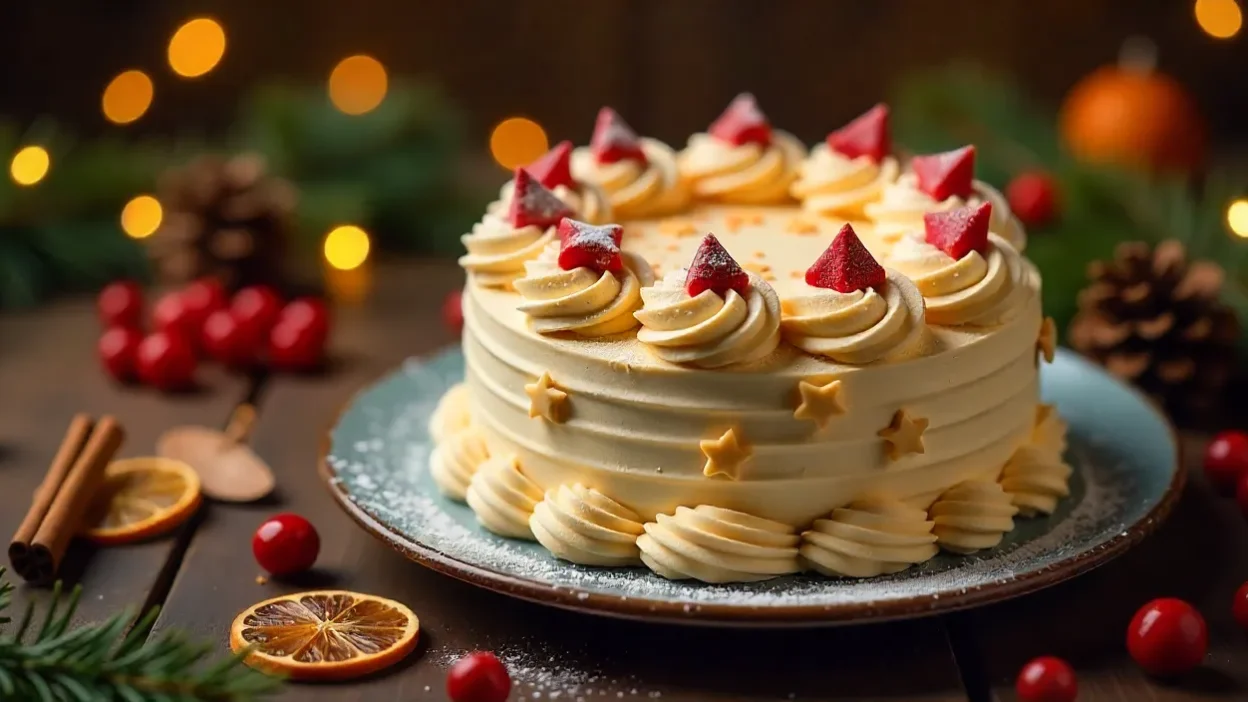 Festive Christmas cake with decorations, surrounded by holiday ornaments and warm lights.