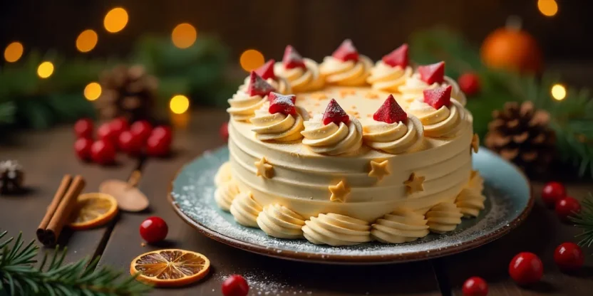 Festive Christmas cake with decorations, surrounded by holiday ornaments and warm lights.