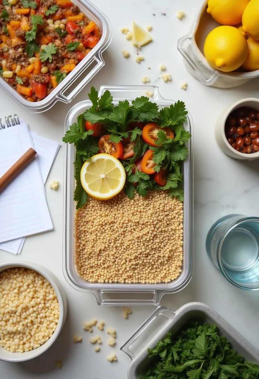 Flat-lay of meal prep containers, chopped vegetables, and a notepad, symbolizing planning meals and cooking at home.