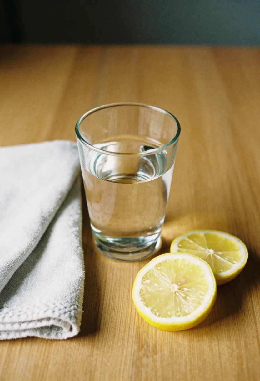 A partially filled glass of water with wrinkled lemon slices and a cloth in soft natural light, symbolizing the mild to moderate risks of reduced hydration.
