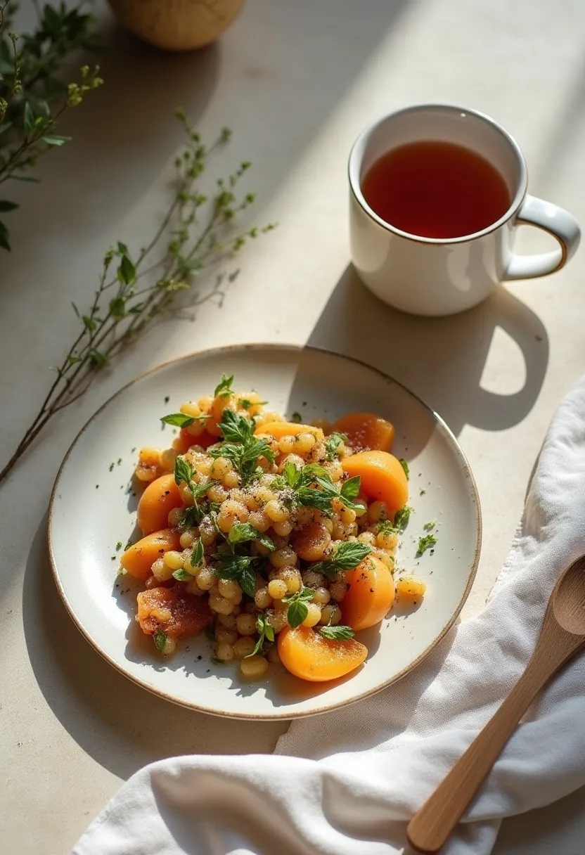 Flat-lay of a simple, balanced plate with tea and soft linens, symbolizing mindful, slow eating.