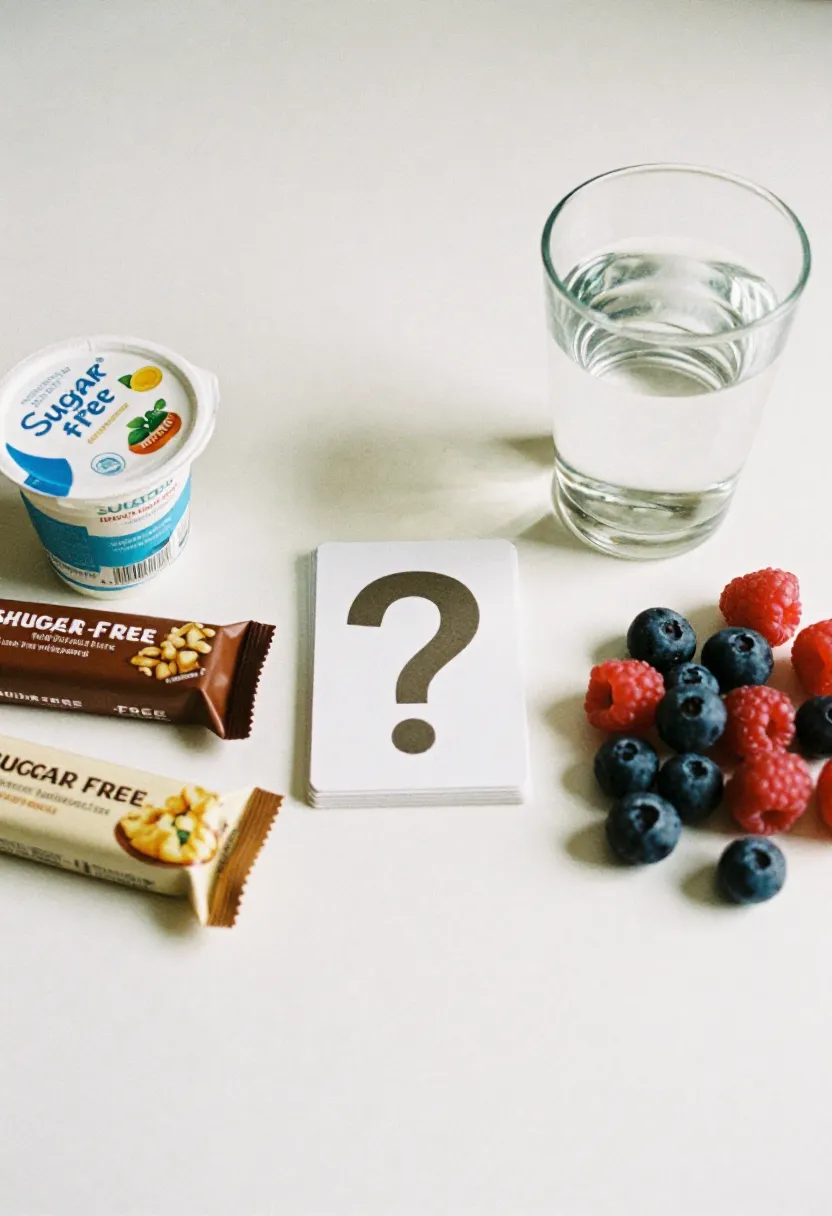Sugar-free packaged snacks beside whole foods with question cards, symbolizing common misconceptions about sugar-free diets.