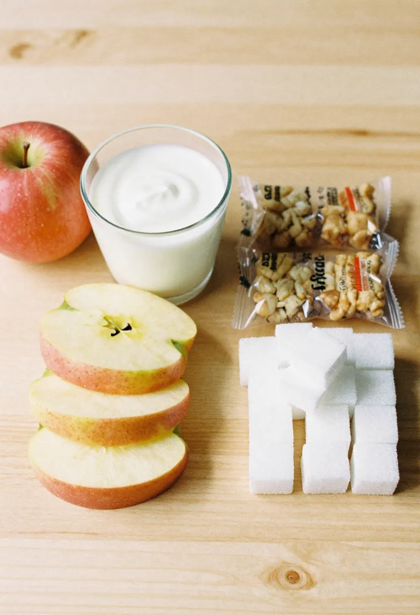 Fresh fruit and yogurt placed beside processed snacks and sugar cubes, symbolizing the difference between natural and added sugars.