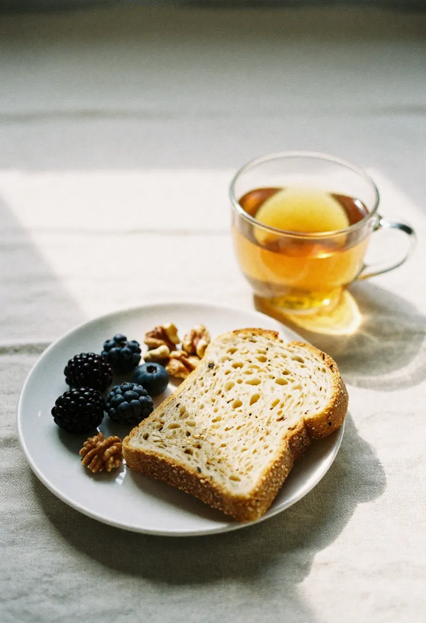 A small plate with wholesome snacks and a cup of herbal tea in soft natural light, symbolizing gentle, balanced nourishment.