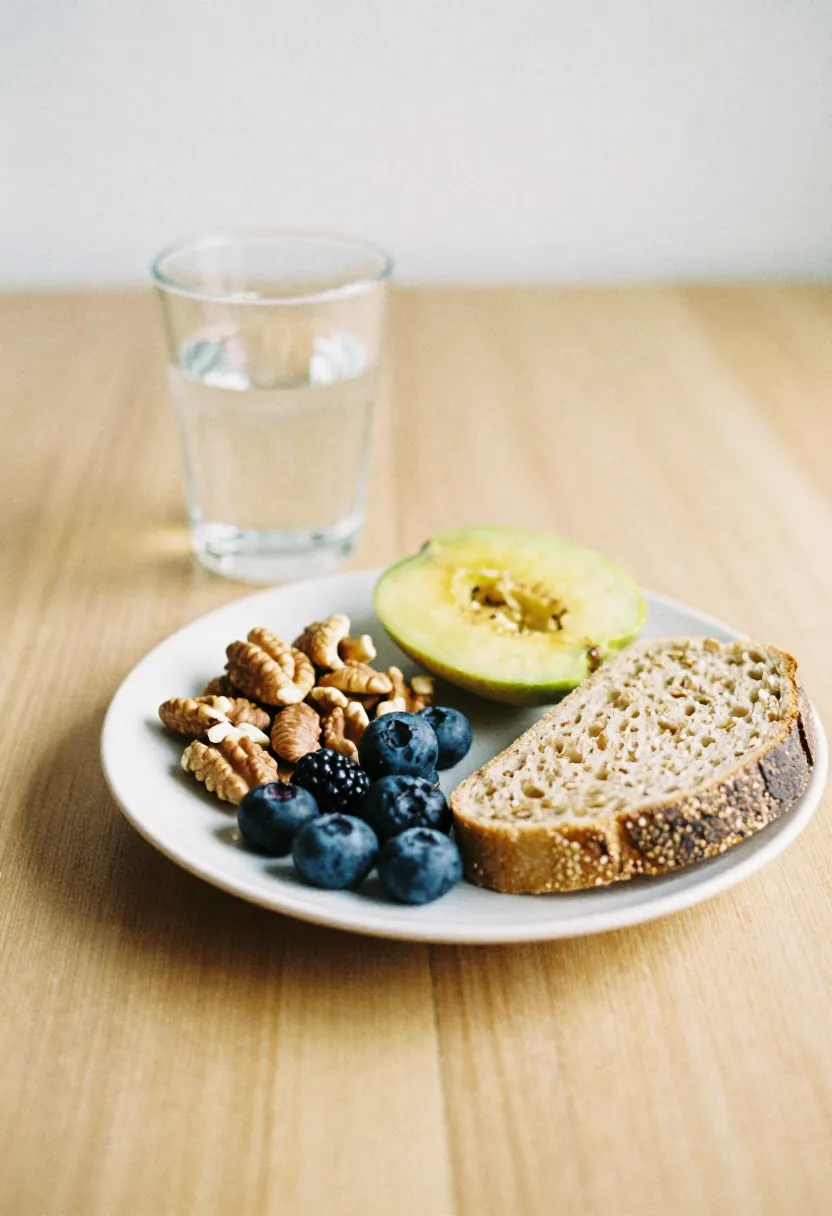 A simple plate of whole foods — nuts, berries, wholegrain bread, and fruit — shown in soft natural light to illustrate nutrition beyond calorie counting.
