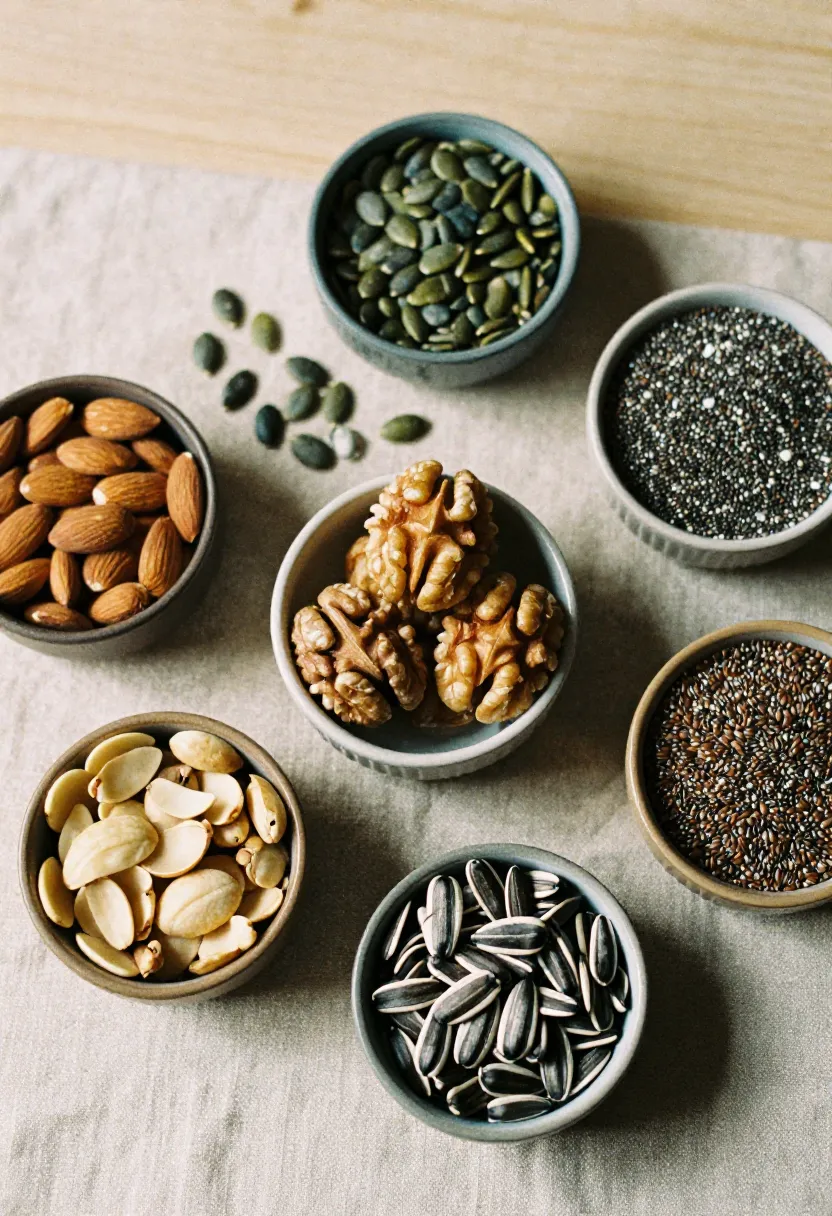 Assorted nuts and seeds displayed in soft natural light, highlighting their healthy fats and immune-supporting nutrients.