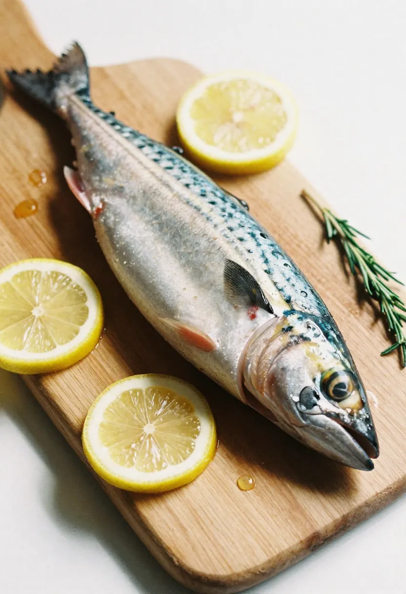 Fresh salmon or mackerel on a wooden board in soft natural light, highlighting omega-3 content for inflammation support.