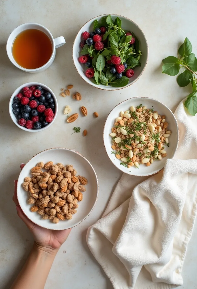 Flat-lay of simple whole foods arranged with soft open space, symbolizing clarity and guidance for common questions about orthorexia.