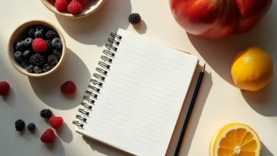 Flat-lay of healthy whole foods beside a rigid notebook, symbolizing the line between mindful eating and obsessive food rules.